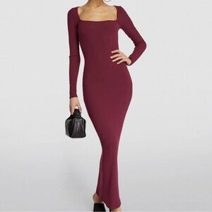 SOLD SKIMS Burgundy Berry Red Soft Lounge Square Neck Body Con Long Maxi Dress M
